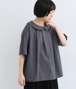 刺繍ストライプ　ビック丸襟シャツ(チャコール-F)