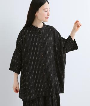 刺繍ストライプ　スタンドワイドシャツ(ブラック-F)