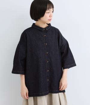 リネン混デニム　ミニカラーシャツ(ワンウォッシュ-F)