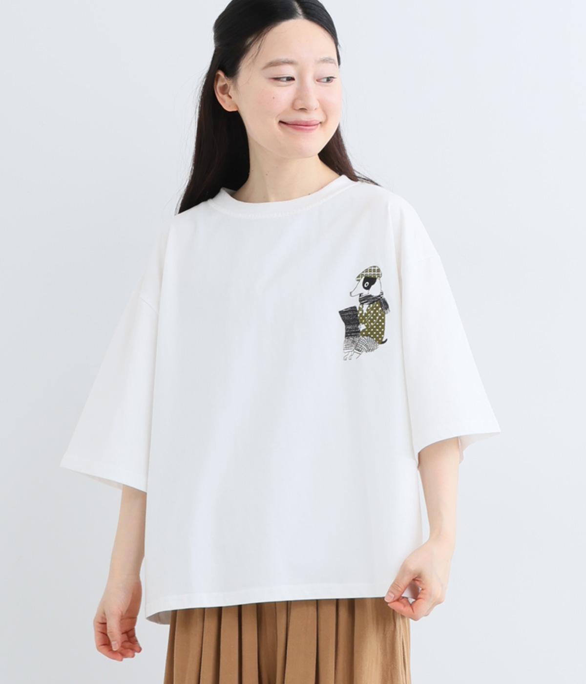 コットン新聞と犬　刺繍Tシャツ(ホワイト-F)