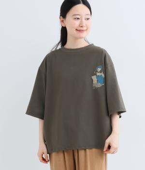 コットン新聞と犬　刺繍Tシャツ(チャコール-F)