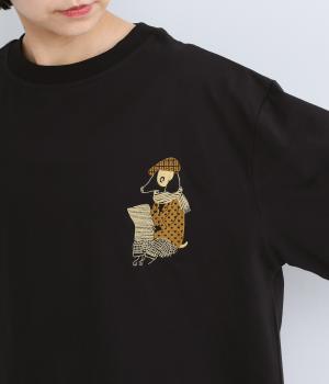 コットン新聞と犬　刺繍Tシャツ(ブラック-F)
