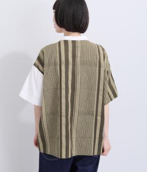 コットンデザイン切替シャツ(ホワイト×ビックチェックブラック-F)