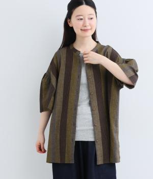 ワーク風ストライプ　袖タックシャツ(カーキ-F)