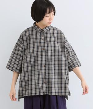 ナチュラルチェック　ミニ襟ワイドシャツ(ブラック系-F)
