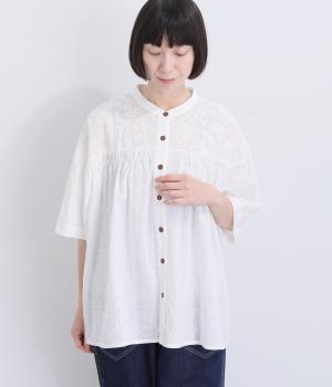 コットンレース切り替えシャーリングシャツ(ホワイト×ホワイト-F)