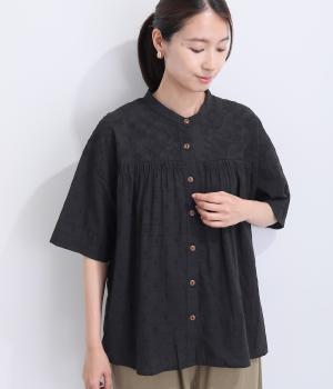 コットンレース切り替えシャーリングシャツ(ブラック×ブラック-F)