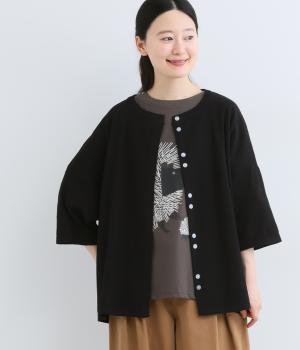 鹿の子5分袖クルーカーディガン(ブラック-F)
