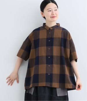 コットンブロックチェック　ミニ襟シャツ(ベージュ×ブルー-F)