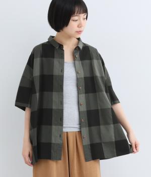 コットンブロックチェック　ミニ襟シャツ(チャコール×ブラック-F)