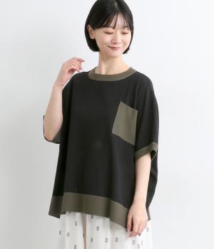 鹿の子編みニット　ポケット付きプルオーバー(ブラック×チャコール-F)