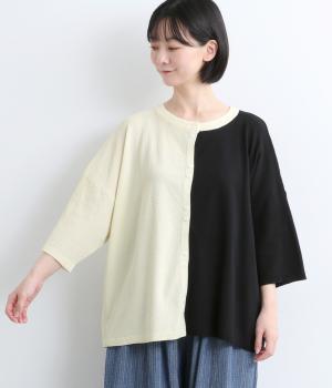 鹿の子編みニット　5分袖クルーカーディガン(ナチュラル×ブラック-F)