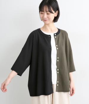 鹿の子編みニット　5分袖クルーカーディガン(ブラック×チャコール-F)