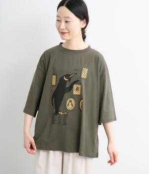 ペンギンとロゴプリントTシャツ(チャコール-F)