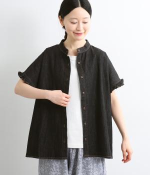 コットンリネンテンセルデニム　フリル袖シャツ(ワンウォッシュ-F)