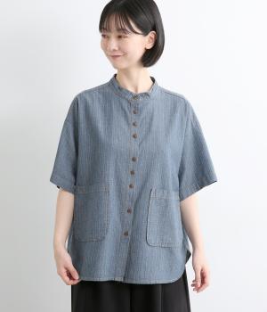 ステッチシャンブレー前ポケットシャツ(ブルー-F)