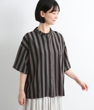 リネンレーヨンBIGストライプフリルカラーシャツ(チャコール-F)