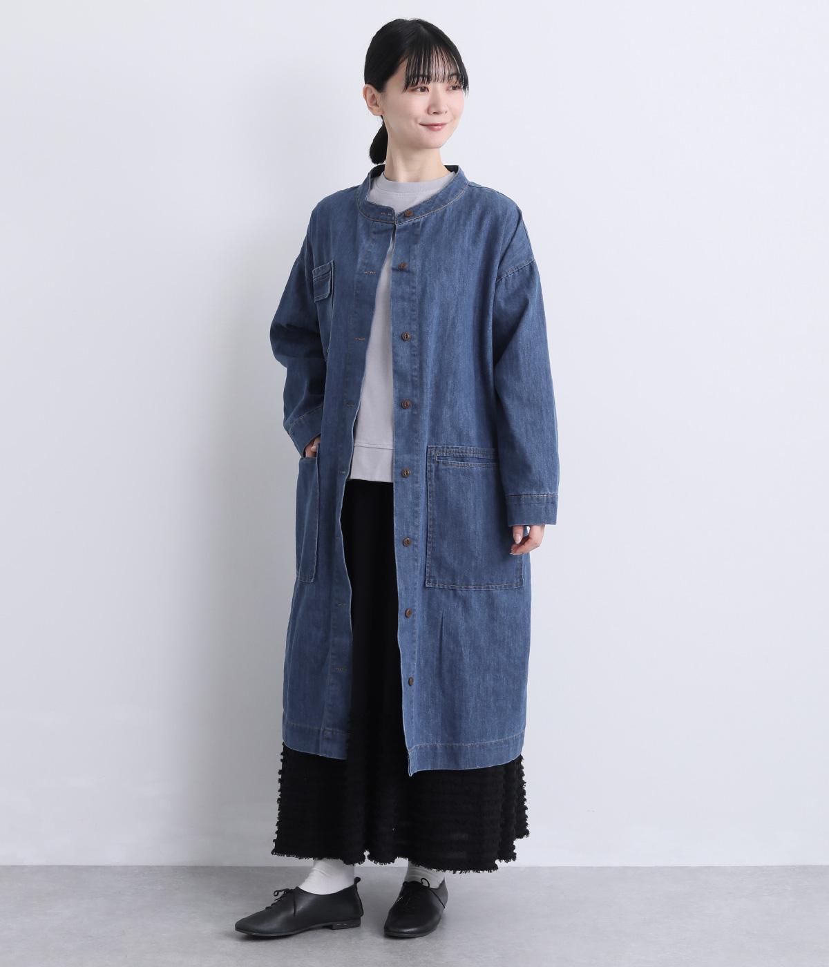 柔らかデニム　ワークワンピースジャケット(ブルー-F)