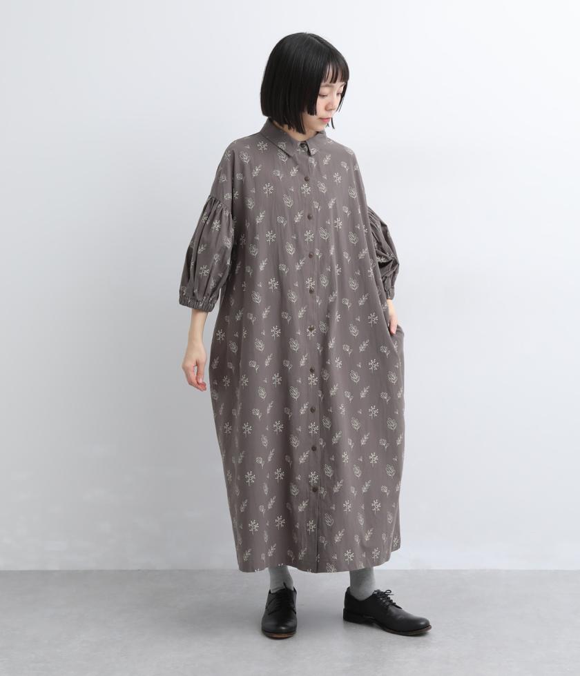 リーフ柄　ボリューム袖ワンピース