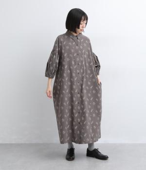 リーフ柄　ボリューム袖ワンピース