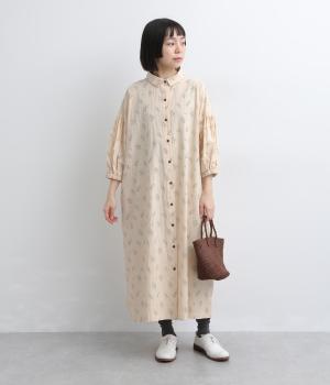 リーフ柄　ボリューム袖ワンピース(ナチュラル-F)