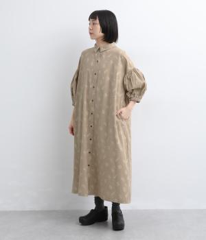 リーフ柄　ボリューム袖ワンピース(ベージュ-F)