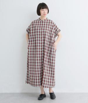 コットンタータンチェック袖フリルワイドワンピース(ホワイト系-F)