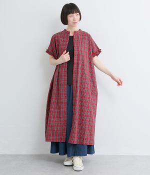 コットンタータンチェック袖フリルワイドワンピース(レッド系-F)