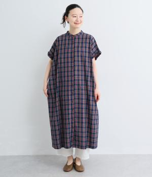 コットンタータンチェック袖フリルワイドワンピース(ネイビー系-F)