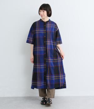 コットンビッグチェック裾ラウンドワンピース(ブルー系-F)