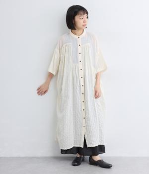 コットン柄切替ワンピース(ナチュラル×ホワイト　ドット-F)