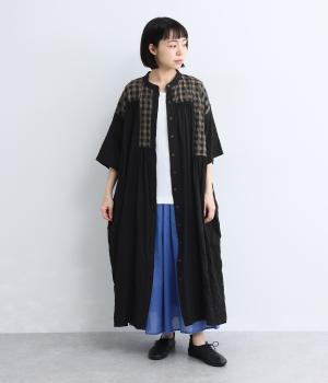 コットン柄切替ワンピース(ブラック×チャコール×ブラック　ギンガム-F)