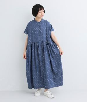 シャンブレー三角プリント　フラップ付きドルマン袖ワンピース(ブルー-F)