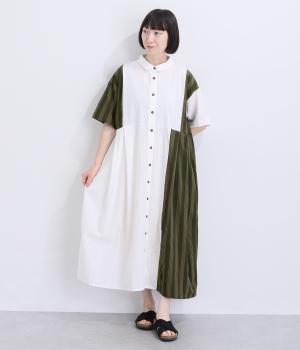 コットンレギュラー切替ワンピース(ホワイト×ストライプブラック-F)