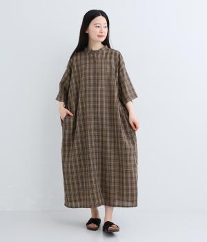 ナチュラルチェック　後ギャザーワンピース(ブラウン系-F)