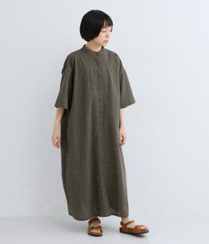 ナチュラルチェック　後ギャザーワンピース(カーキ系-F)