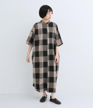 コットンブロックチェック　ワイドワンピース(ホワイト×ブラック-F)