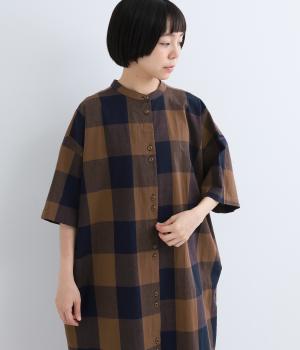 コットンブロックチェック　ワイドワンピース(ベージュ×ブルー-F)