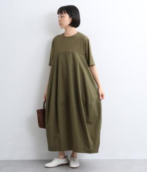 カットソー×布帛　バルーンシルエットワンピース(カーキ-F)