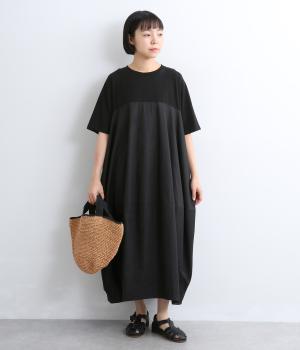 カットソー×布帛　バルーンシルエットワンピース(ブラック-F)