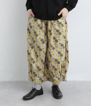 アンティーク風BIGFLOWER　裾タックふわパンツ（マスタード・F）