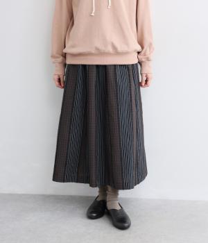 チェック＆ストライプ　ロングスカート（ブラック・F）
