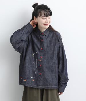 刺繍入りデニムシャツ（ネイビー・F）