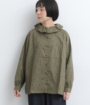 チェックドットプリント　フリルカラーシャツ（カーキ系・F）
