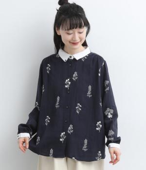 ダブルガーゼ　花刺繍シャツ（ネイビー・F）