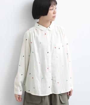 ダブルガーゼ　ステッチ刺繍シャツ（ホワイト・F）