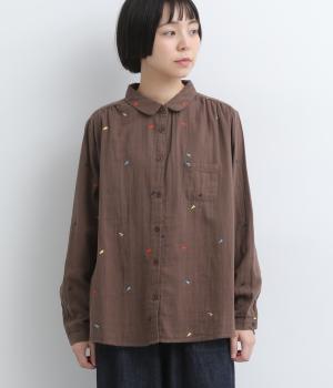 ダブルガーゼ　ステッチ刺繍シャツ（ブラウン・F）