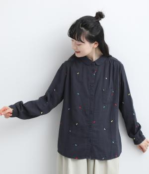 ダブルガーゼ　ステッチ刺繍シャツ（ネイビー・F）