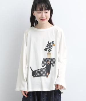 花瓶支えるDOG　プリントラグランTシャツ（ホワイト・F）
