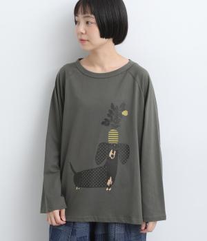 花瓶支えるDOG　プリントラグランTシャツ（チャコール・F）